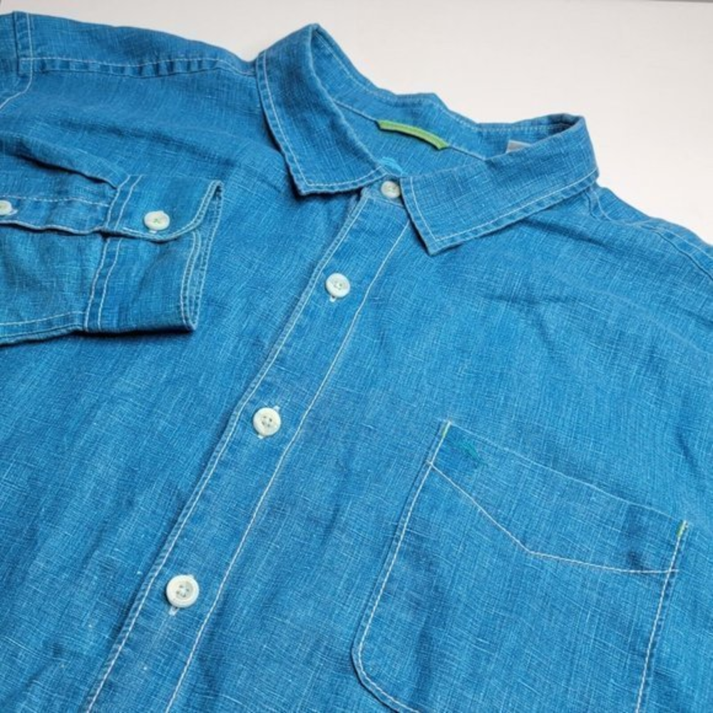 Tommy Bahama 2XL‎ 100% Linen Blue Long Sleeve Button Front Men's Casual Shirt